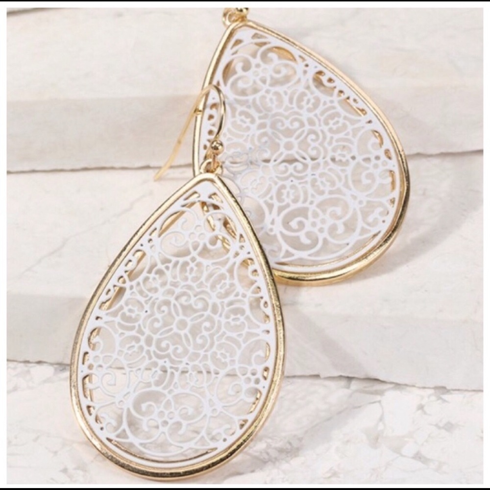 White Filigree Tear Drop Earrings